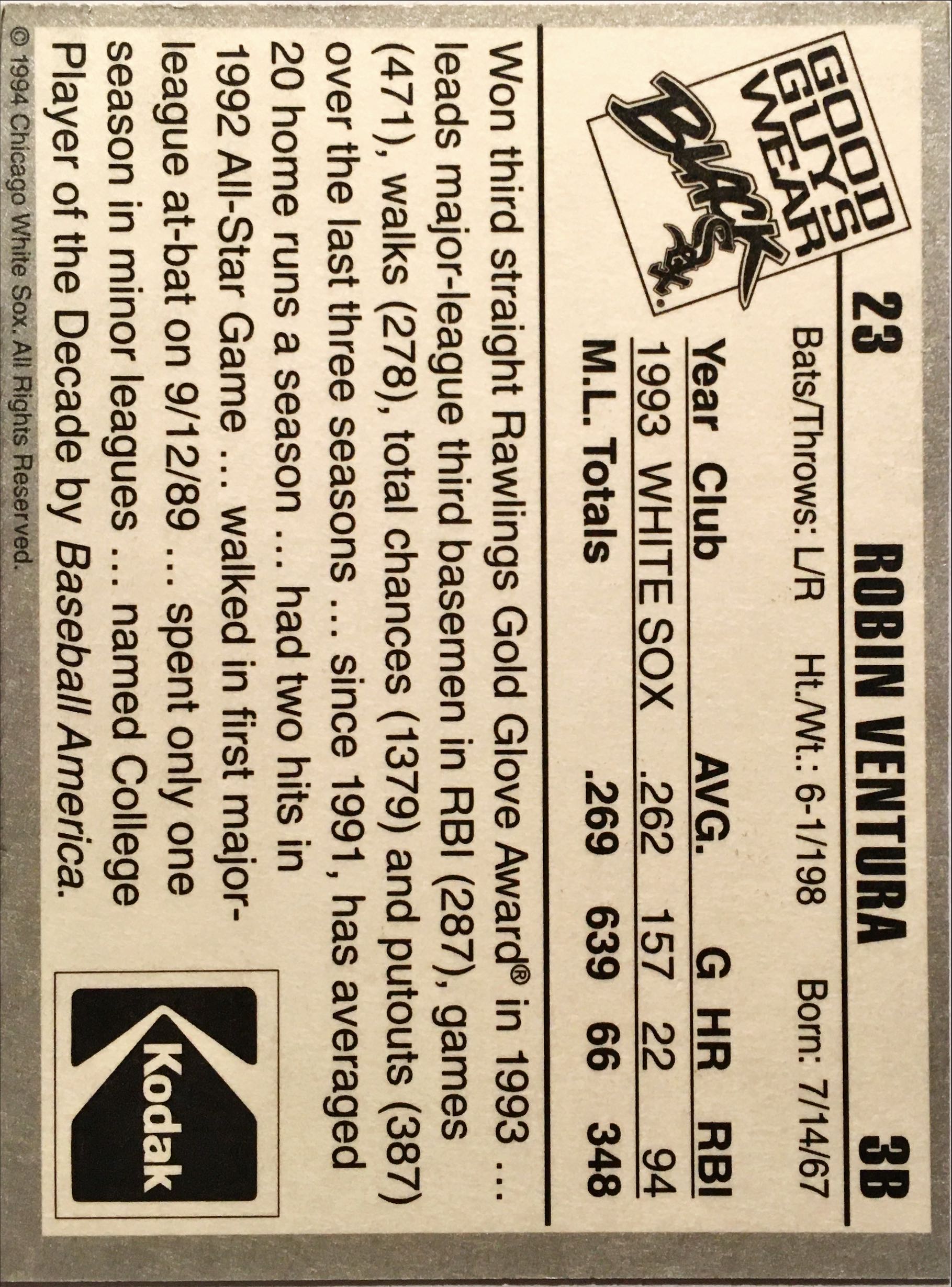 1994 White Sox Kodak  28 back image